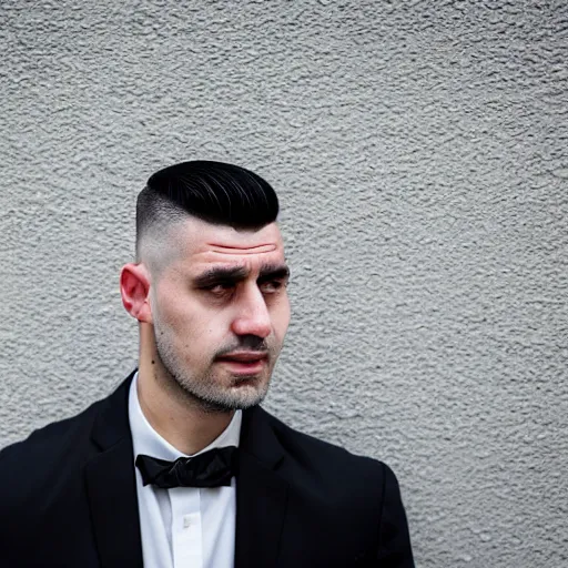 Image similar to portrait of a croatian man with a flat - top haircut, canon eos r 3, 8 0 mm f / 1. 2, iso 2 0 0, 1 / 1 6 0 s, 8 k, raw, unedited, symmetrical balance, wide angle