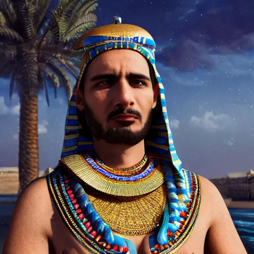 Image similar to a man in egyptian clothing wearing rings and jewlery on his neck, 8k resolution, serene, photorealistic, digital art, hyperdetailed, Unreal Engine, dynamic lighting, ultra detailed, trending on art station, concept art, stunning visuals, extreme detail