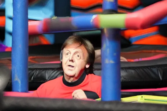 Prompt: paul mccartney at a trampoline park