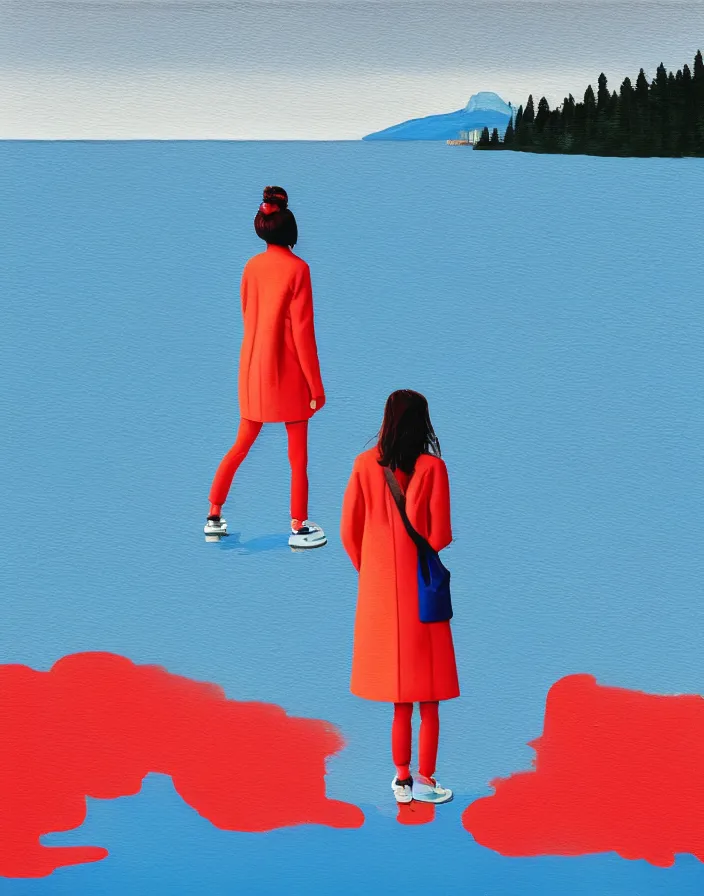 Image similar to wide shot rear view photographer woman hair in a bun long red stripe coat backpack sneakers grasping a nikon dslr camera while looking out over a placid blue lake, a character design painting, in the style of wes anderson, lola dupre, david hockney, isolated on negative white space background dark monochrome fluorescent spraypaint accents volumetric octane render, no double figure
