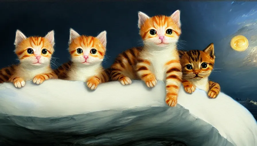 Image similar to highly detailed painting of cute baby furry pumpkin kitty cats on a blue and white iceberg by william turner, by greg rutkowski, by william constable, thick brush strokes and visible paint layers, 4 k resolution