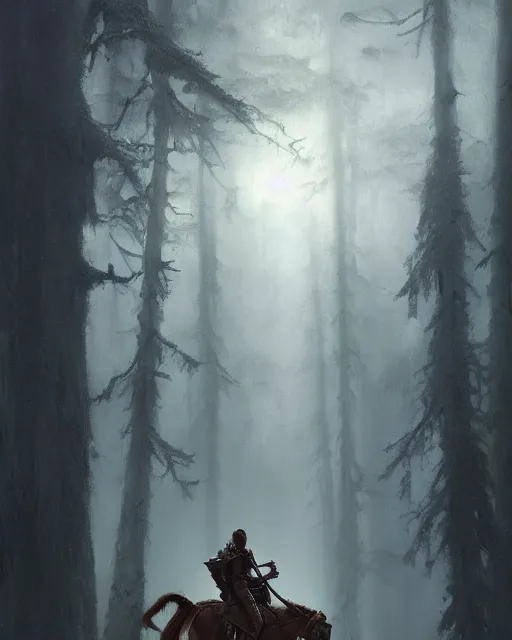 Image similar to Hyper realistic painting of a knight in rusty full plate armor wielding a greatsword, hyper detailed, surrounded by a dark forest, fog, moody, cinematic lighting, dim blue lighting, by greg rutkowski, trending on artstation