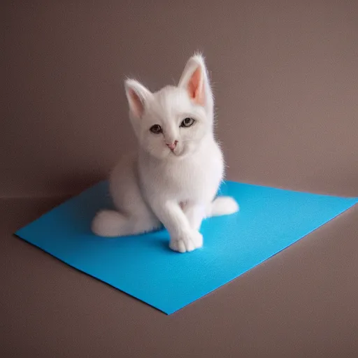 Prompt: an origami kitten in a light blue room, studio photo, dslr, soft lighting