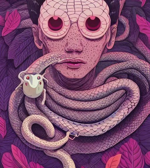 Prompt: portrait, nightmare anomalies, leaves with snake by miyazaki, violet and pink and white palette, illustration, kenneth blom, mental alchemy, james jean, pablo amaringo, naudline pierre, contemporary art, hyper detailed