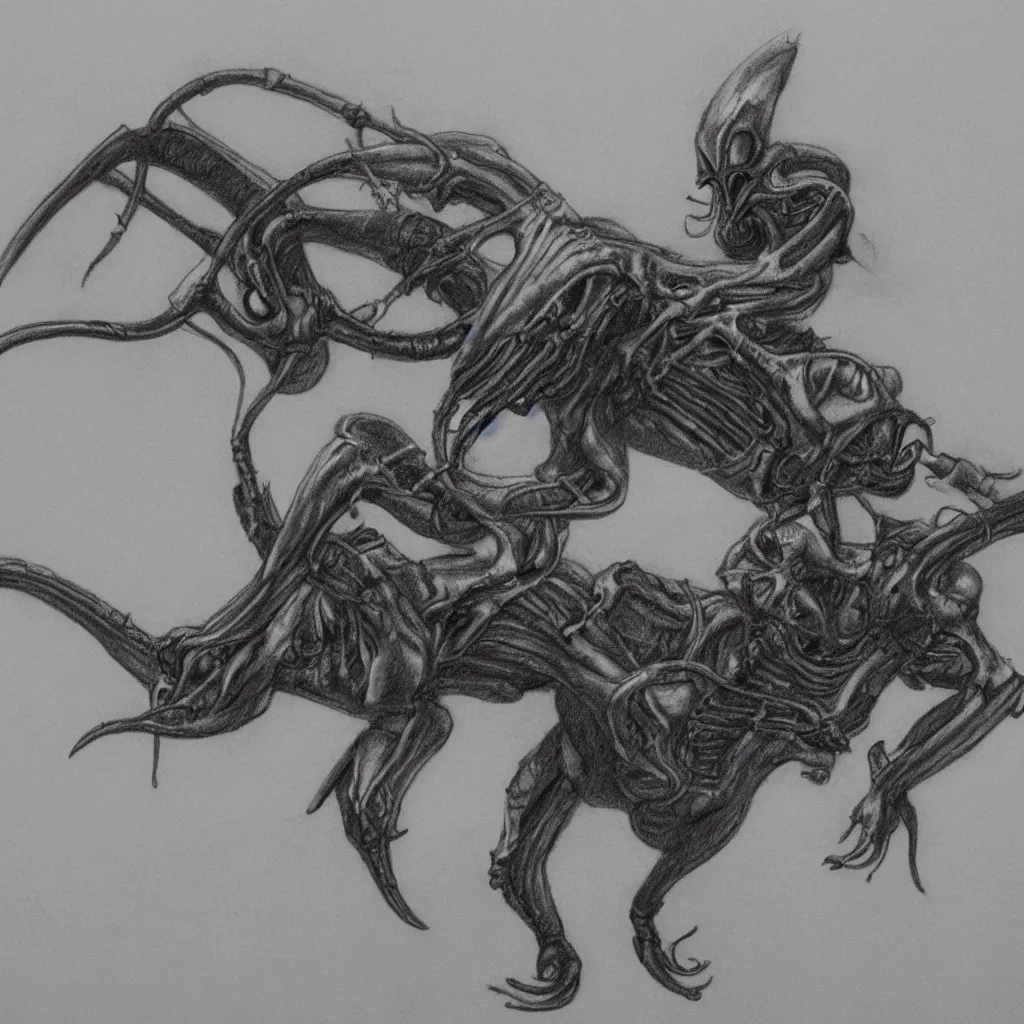 Prompt: a pencil sketch of a cowboy riding xenomorph, white background