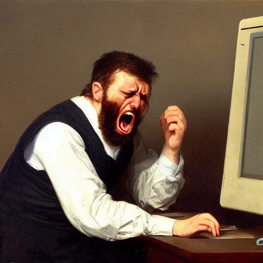 Image similar to an angry man yells at his computer monitor, oil on canvas, 1 8 8 3, highly detailed