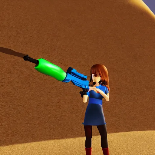 Image similar to Desert pyramid background, very cute modern short haired girl with water gun, game art