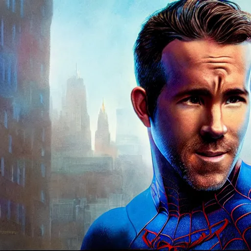 Image similar to ryan reynolds as spider - man, wearing a black and blue suit, cinematic, volumetric lighting, f 8 aperture, cinematic eastman 5 3 8 4 film, photorealistic by greg rutkowski, by stanley artgerm, by alphonse mucha