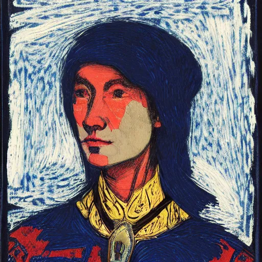 Prompt: head and shoulders portrait of a female knight, inuk, tonalist, baroque, chiaroscuro, symbolist, ambrotype, detailed, raven, edge lighting, woodcut, vibrant, palette knife, girih, prussian blue and raw sienna, angular, squinting