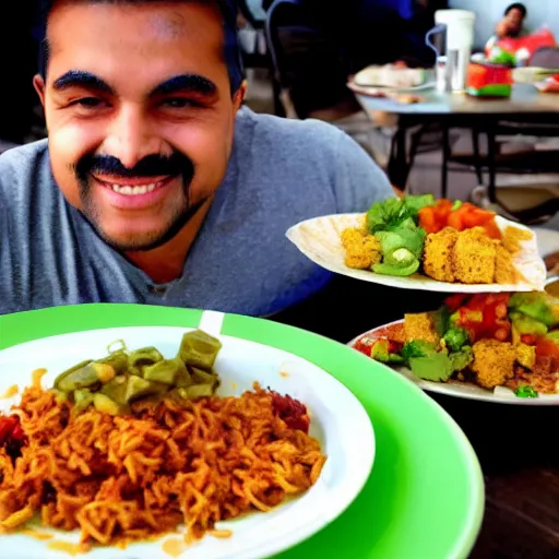 Image similar to a giant plate of indiscriminate mexican food with a smiling man behind it