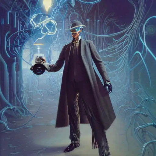 Image similar to an amish cyborg with one robotic eye, electrical charges sparkling within his hair, highly detailed by peter mohrbacher, hajime sorayama, wayne barlowe, boris vallejo, aaron horkey, gaston bussiere, craig mullins