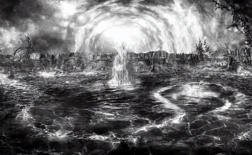 Prompt: alvah angelrune water portal to hell located in heaven, photorealistic, crowd of people, rule of thirds, 4 k, dark bright effect, version 3, very stylized