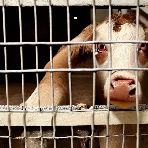 Image similar to chained calf inside a cage watching a bottle of milk