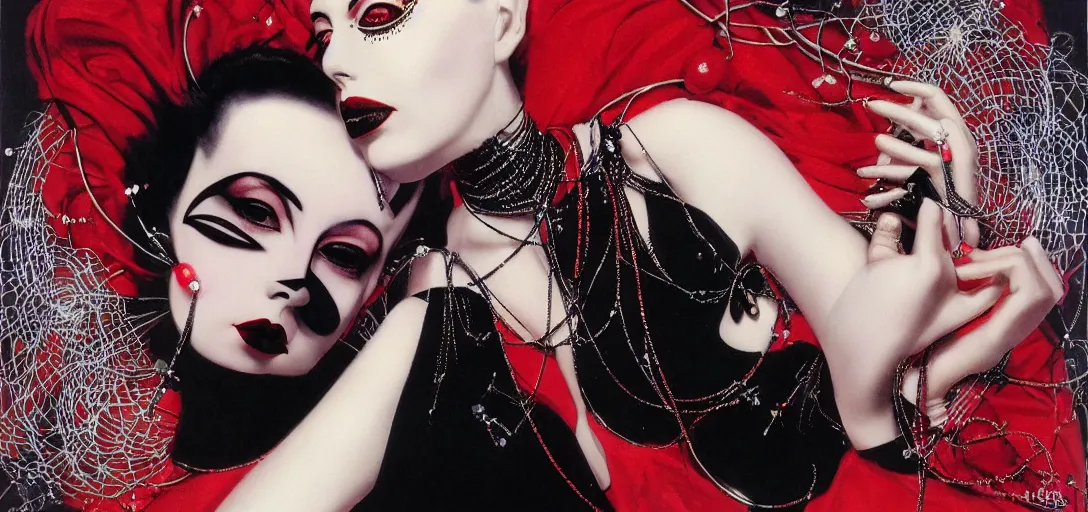 Prompt: an 8 0 s portrait of a woman with dark eye - shadow and red lips with dark slicked back hair dreaming acid - fueled hallucinations wearing a mask of wire, diamonds and beads hanging from a think black crown by serge lutens, rolf armstrong, delphin enjolras, peter elson, flat surreal psychedelic colors, background of classic red cloth