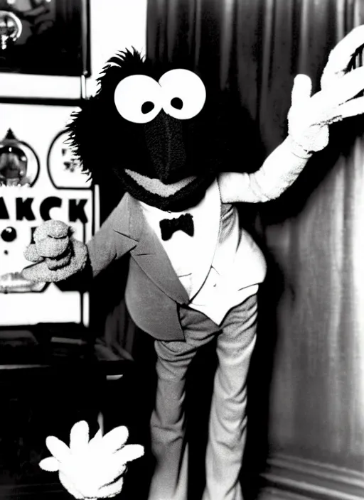 Prompt: a black and white photograph of gonzo the muppet at a speakeasy, from 1 9 3 5