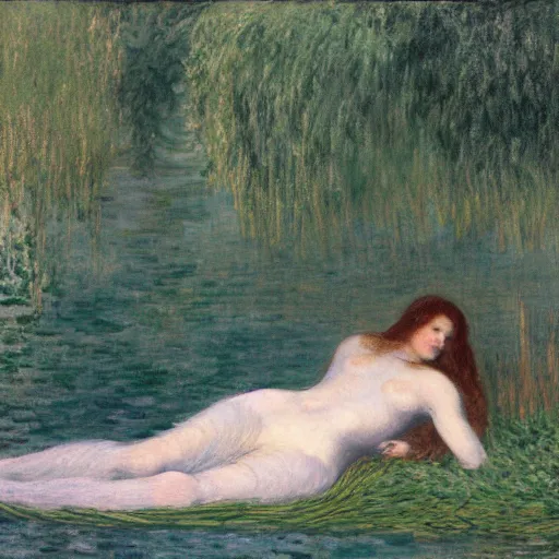 Prompt: ophelia, laying flat submerged in water floating down the river amongst the reeds fully covered in robes and lake foliage weeds reeds fully clothed in flowing medieval robes by rosetti and monet, 8 k