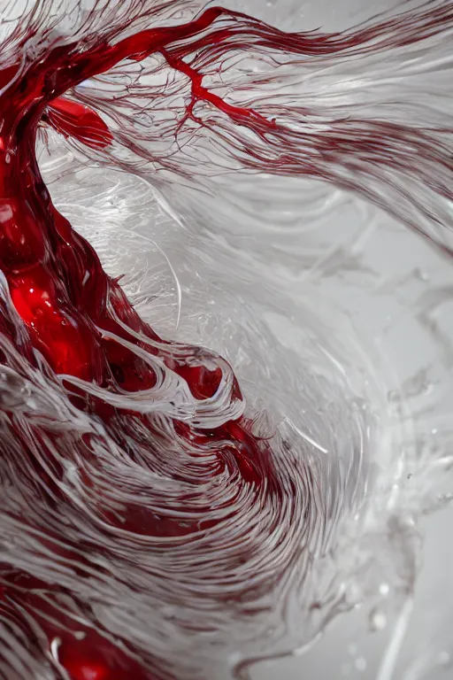 Image similar to swirling organic liquids mixing together, extremly detailed, organism, veins, red and white, intrinsec details, dramatic light, octane render, realistic