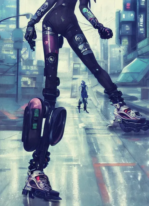 Image similar to hyper - realistic cyberpunk anime woman wearing inline skate, tokyo street, extreme detail, good face, model, concept art, in style of yoji shinkawa, pan ren wei, col price, atey ghailan, by greg rutkowski, aesthetic