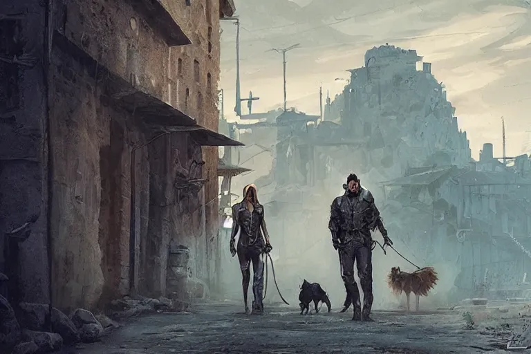 Image similar to a couple walking their dog in lourmarin, in mad max style, stargate, coriolios rpg art style, full of details, dark sci - fi, cold blue colors, matte painting, artstation, 8 k, hyperrealistic, style of peter mohrbacher