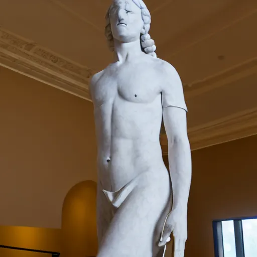 Image similar to a faceless marble statue of a faceless angel in a luxurious museum with elegant sunlight hitting the statue, 4 k, hyper realistic, extremely detailed,