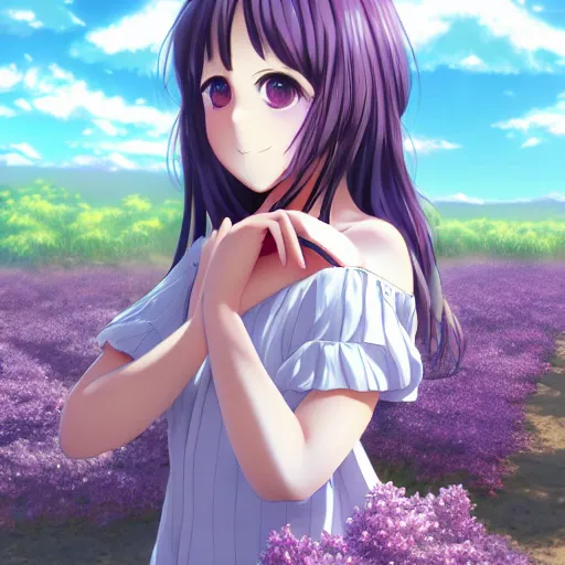 Image similar to portrait of a girl sitting at the field of lilac, anime fantasy illustration by tomoyuki yamasaki, kyoto studio, madhouse, ufotable, trending on artstation