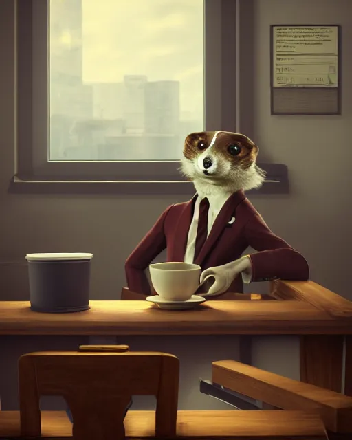 Image similar to artstation scifi scene of a weasel in suits drinking tea ， in a shabby lawyer office, wooden furnitures summer unreal engine 5, hyper realism, realistic shading, cinematic composition, blender render, octane render, hdr, detailed textures, photorealistic, wide shot