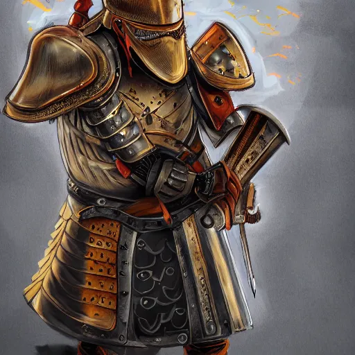 Image similar to An old man with a ginger beard, wearing knights armour and a fire fighters helmet, highly detailed, digital art, sharp focus, trending on art station, anime art style