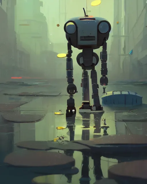 Image similar to a robot half sunken in a puddle, cory loftis, james gilleard, atey ghailan, makoto shinkai, goro fujita, character art, exquisite lighting, clear focus, very coherent, plain background, soft painting