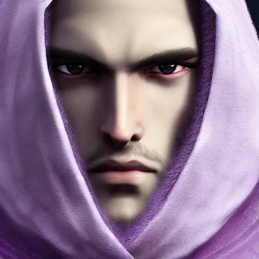 Image similar to a highly detailed Portrait of a young man with light gray long hair, purple eyes, in a black cloak, artstation, DeviantArt, professional, octane render