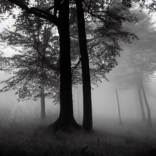 Prompt: deep misty forest with black hairy demon behind the tree, monochrome lomography