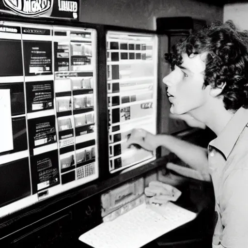 Image similar to 21 year old Jimmy John’s manager with a round head, pale skin and brown curly hair is wearing a black baseball cap and tapping a computer screen on the wall