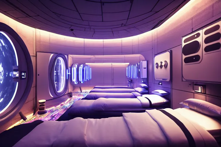 Image similar to very wide cinematic shot inside a scifi epic scale capsule hotel as ikea ad, modern lush condo as shopfront with terrarium lounge area, cathedral ceiling with holographic sky art ceiling, detailed archviz render, archdaily, scifi artstation concept, comfy lighting, star citizen, fine details, unreal engine, hyperrealism, realistic shading, blender render