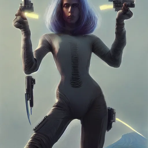 Prompt: pleiadian woman with big eyes and long silver hair wearing a dark body suit and holding a plasma gun standing in barren fields, cinematic, ultra detailed, art by greg rutkowski