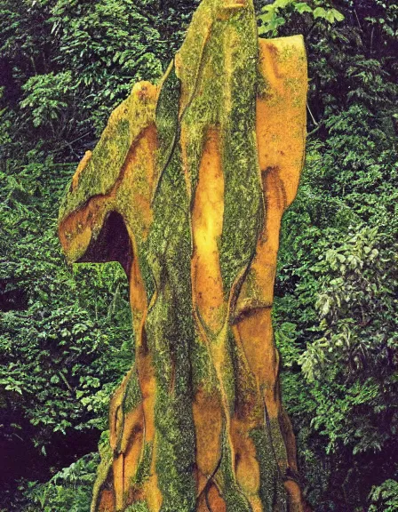 Image similar to vintage color photo of a giant 1 1 0 million years old abstract sculpture made of liquid gold covered by the jungle vines