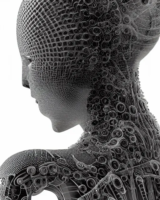 Image similar to mythical dreamy black and white organic bio-mechanical spinal ribbed profile face portrait detail of translucent steampunk bio-mechanical beautiful female angelic-human-queen-vegetal-cyborg, highly detailed, intricate crystal jelly ornate, poetic, 3D render, digital art, octane render, 8K artistic photography, photo-realistic, by Dora Maar