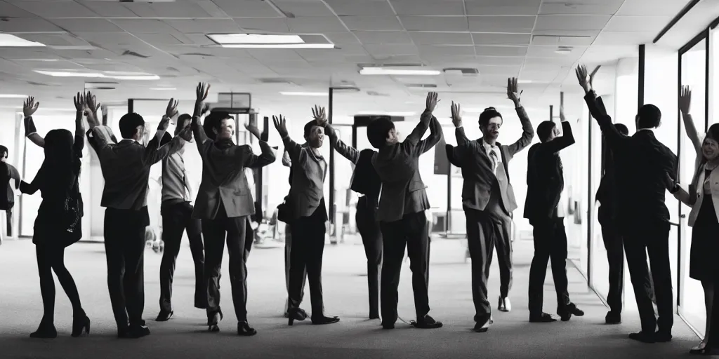 Prompt: dramatic and emotional photo of a young man waving goodbye emotionally to a sorrowful large group of his coworkers in office, 25mm, f8, in colors, futuristic