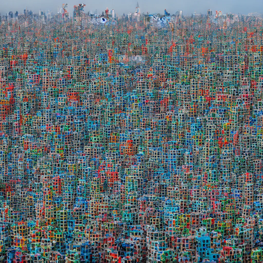 Image similar to a circular tower, made up of colourful makeshift squatter shacks in city downtown, dystopia, sony a 7 r 3, f 1 1, fully frontal view, ultra detailed, photographed by andreas gursky,