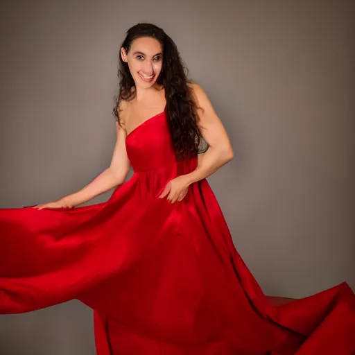 Prompt: Stunning studio photograph of Gal Godot in a red dress smiling slightly for the camera, XF IQ4, f/1.4, ISO 200, 1/160s, 8K, RAW, unedited, symmetrical balance, in-frame, sharpened