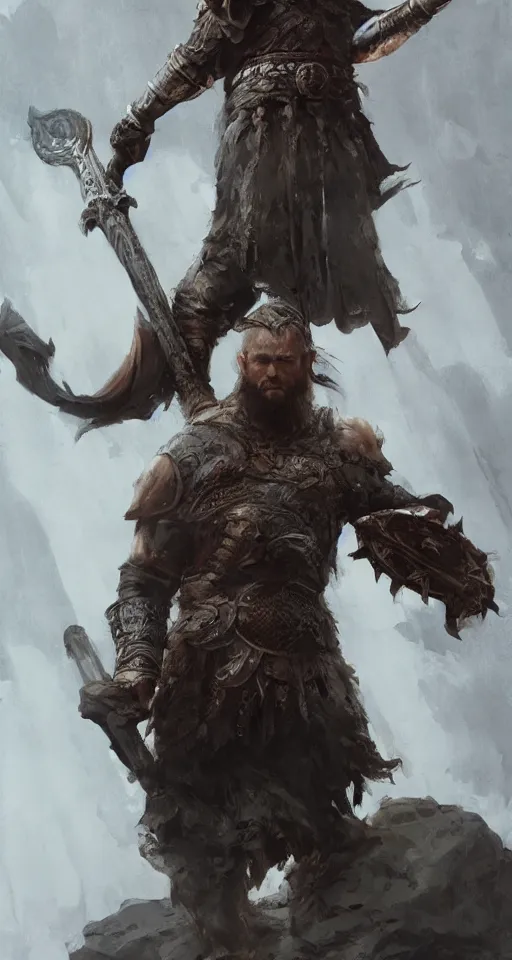 Image similar to the viking stands triumphantly as he enters the gates of valhalla. highly detailed, digital painting, artstation, smooth, sharp focus, illustration, masterpiece, art by ruan jia and jakub rebelka and artgerm