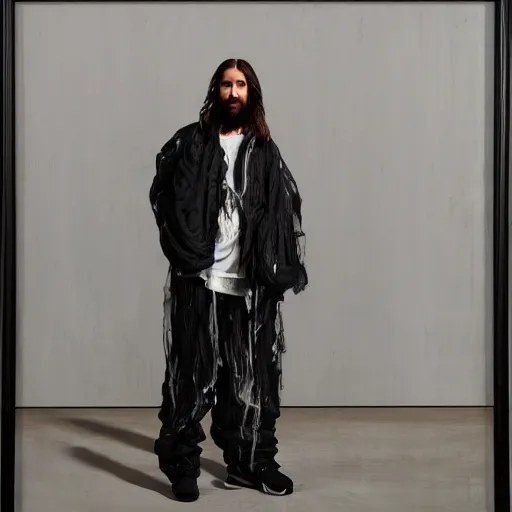 Image similar to a full body lookbook portrait of modern - day jesus wearing virgil abloh off - white menswear and sneaker collection by nicola samori, detailed, realistic oil painting, hyper - realistic, 8 k, off - white collection