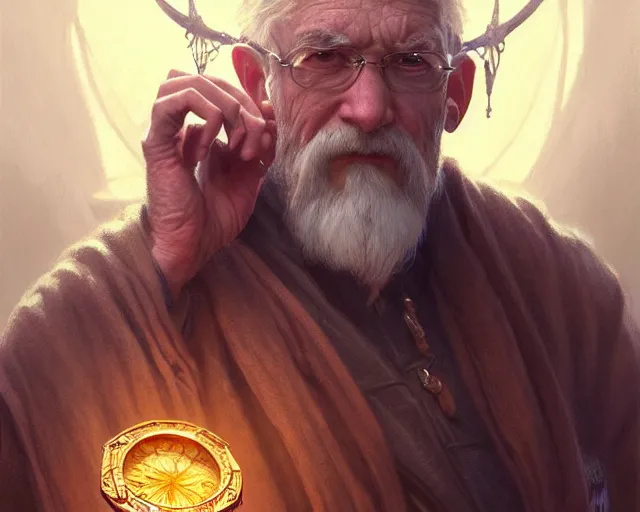 Image similar to old man with rings on all his fingers, deep focus, d & d, fantasy, intricate, elegant, highly detailed, digital painting, artstation, concept art, matte, sharp focus, illustration, hearthstone, art by artgerm and greg rutkowski and alphonse mucha