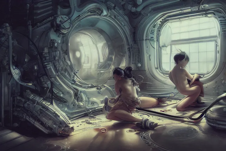 Image similar to hyperrealistic photography of a machine entering a female venus host in the style of Jin Kagetsu, James Jean and wlop, highly detailed, sharp focus, intricate concept art, digital painting, ambient lighting, 4k, artstation