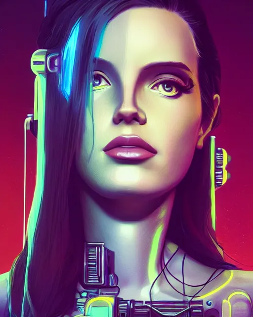 Image similar to portrait of lana del rey as a cyborg. intricate abstract. intricate artwork, by tooth wu, wlop, beeple, dan mumford. concept art, octane render, trending on artstation, greg rutkowski very coherent symmetrical artwork. cinematic, key art, hyper realism, high detail, octane render, 8 k, iridescent accents