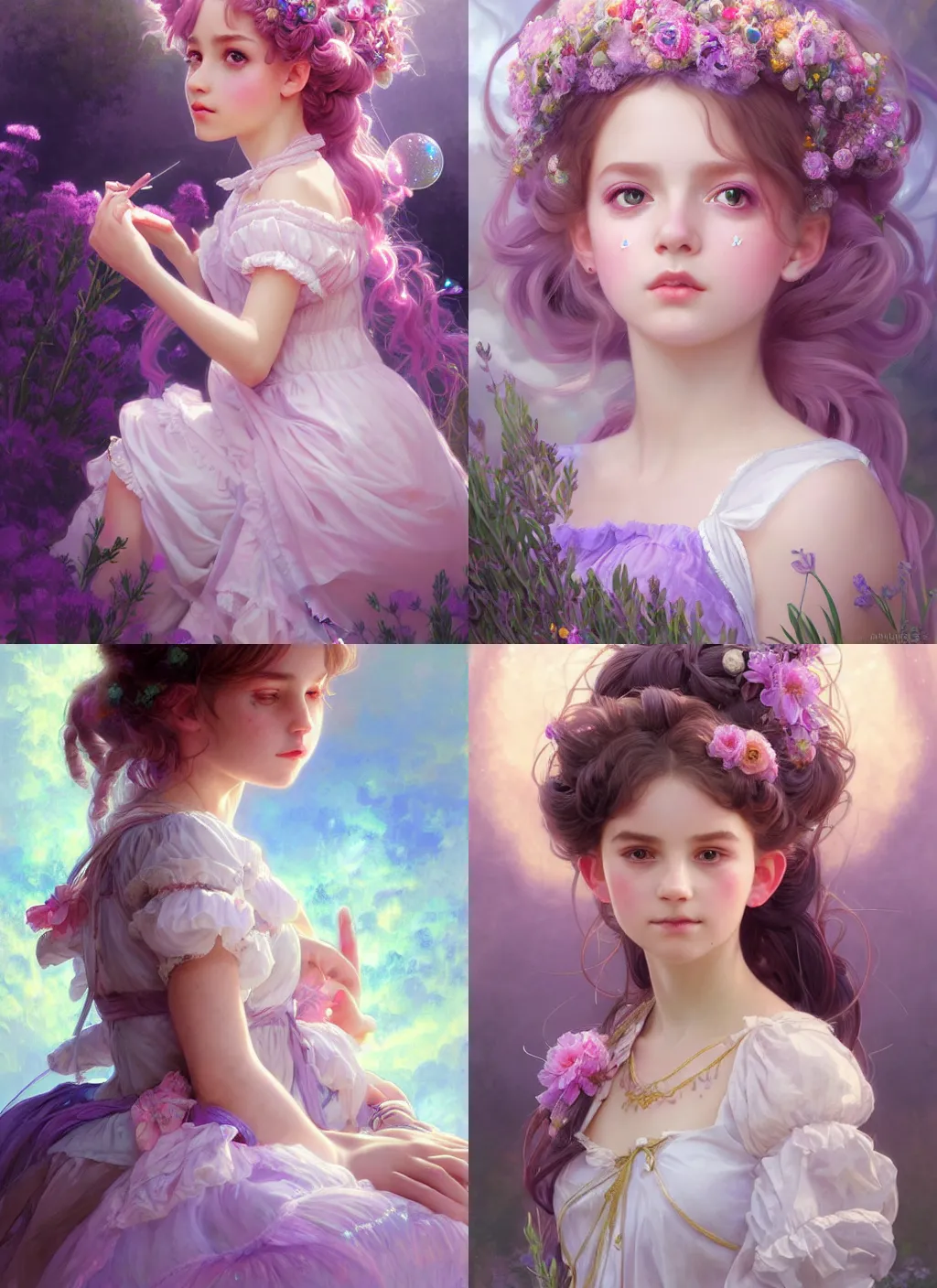 Prompt: portrait of magical lolita child, dreamy and ethereal, lavender and pink eyes, peaceful expression, ornate frilly dress, fantasy, intricate, elegant, rainbow bubbles, highly detailed, digital painting, artstation, concept art, smooth, sharp focus, illustration, art by artgerm and greg rutkowski and alphonse mucha