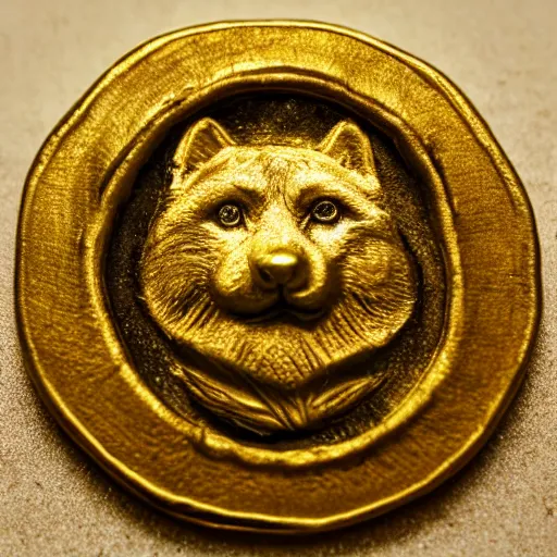 Image similar to an ancient roman gold coin with the face of a shiba inu, close up photo, ultra realistic, studio photo, bokeh. intricate details.