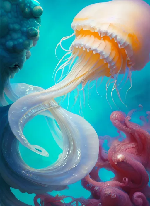 Prompt: subsurface scattering, white, swirly jellyfish, vibrant colors, octane render, jesper ejsing, james jean, justin gerard, tomasz alen kopera, cgsociety, fenghua zhong, makoto shinkai, koi colors, highly detailed, rim light, art, cinematic lighting, very coherent, hyper realism, 8 k