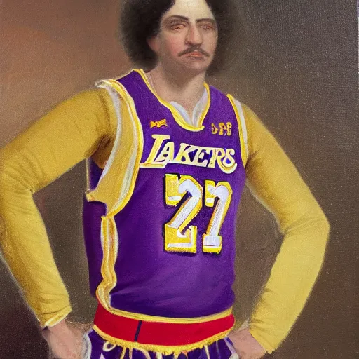 Image similar to official portrait of the los angeles lakers dictator, 1 7 8 0, in full lakers military garb. oil on canvas by william sidney mount, oil on canvas, octane render