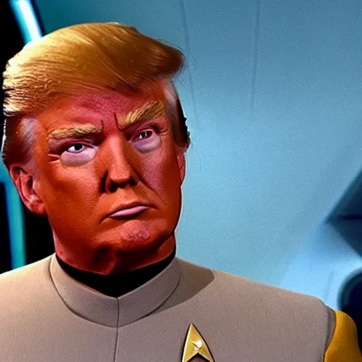 Prompt: A still of Donald Trump in the Star Trek(1966),realistic,Wearing commaander suit,detailed,close up