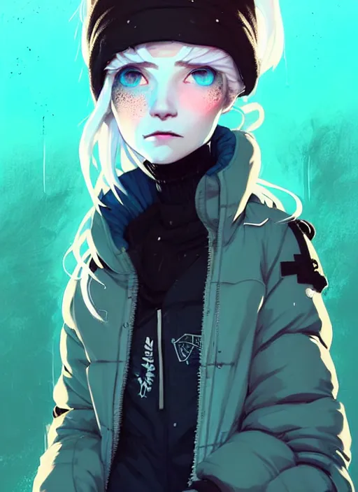 Image similar to highly detailed portrait of a sewer punk lady student, blue eyes, puffy jacket, white hair by atey ghailan, by greg rutkowski, by greg tocchini, by james gilleard, by joe fenton, by kaethe butcher, gradient blue, black, brown and cyan color scheme, grunge aesthetic!!! ( ( graffiti tag wall background ) )