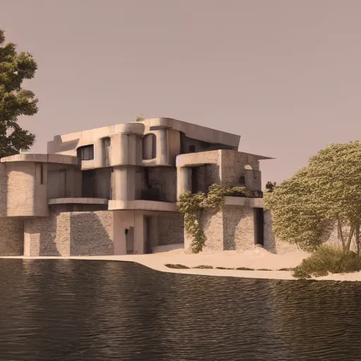 Prompt: brutalist villa on edge of a lake, antoni gaudi and le corbusier, photorealistic, cinematic, volume light, rendered in octane, artstation